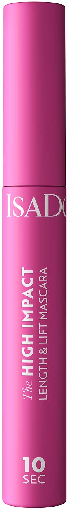 Roze mascara-tube met de tekst 'The High Impact Length & Lift Mascara' en '10 sec'.