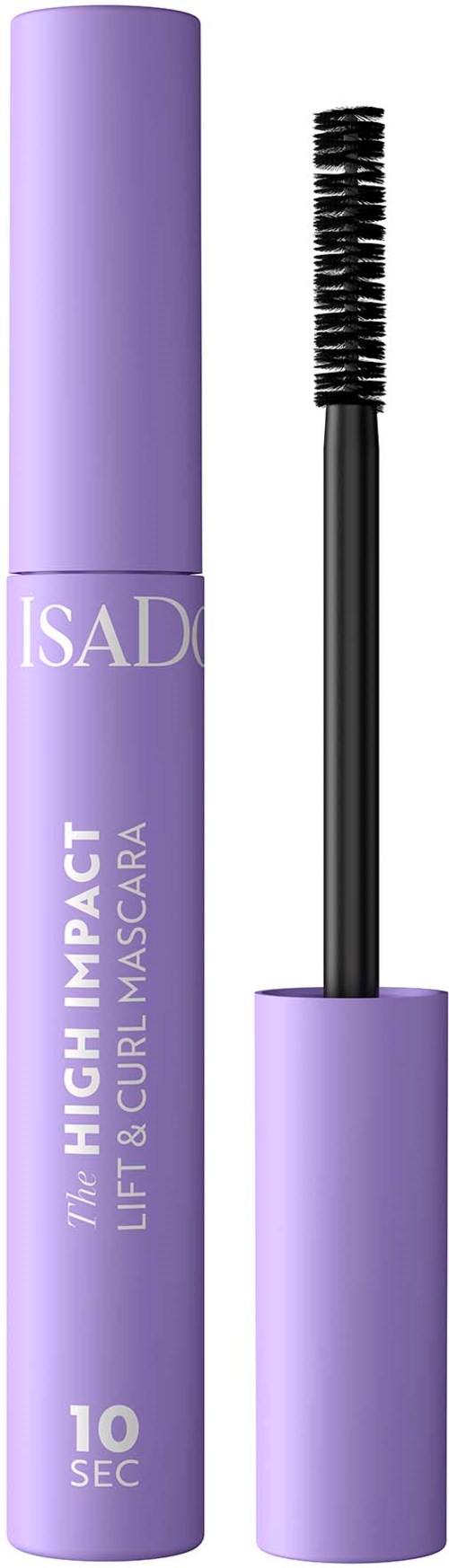 En lila mascara röret med en svart borste, märkt 'The High Impact Lift & Curl Mascara' och '10 Sec'.