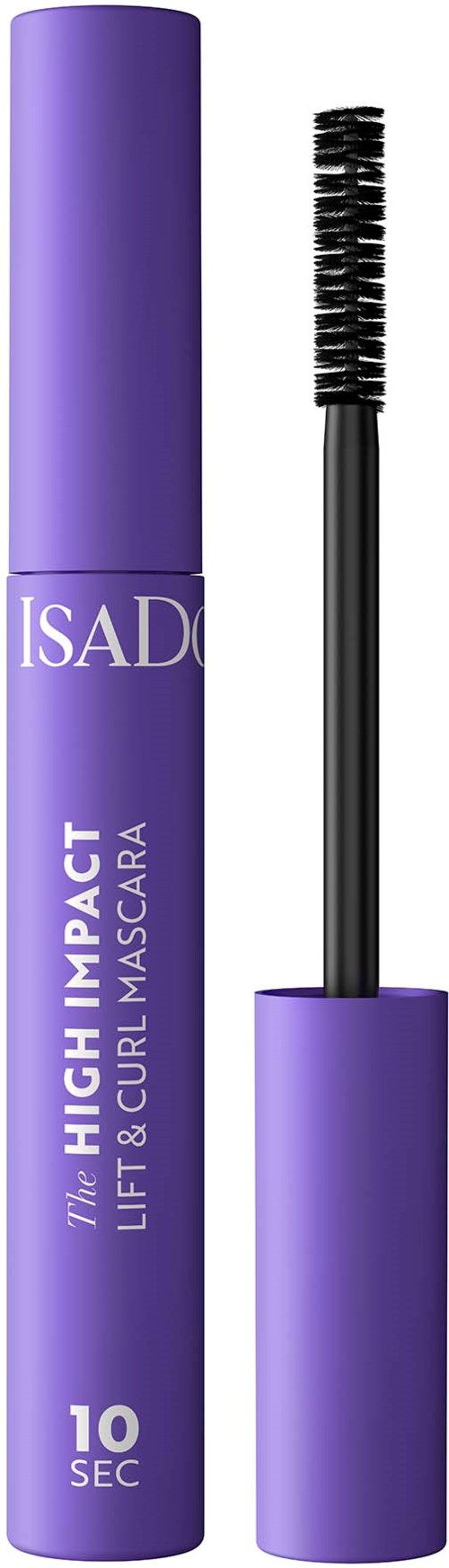 En lila mascara-rör med en borste, märkt 'ISADORE HIGH IMPACT LIFT & CURL MASCARA' och '10 SEC'.