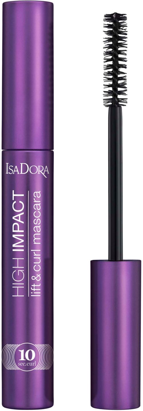 Lila mascara tubes med borste, märkt 'IsaDora Impact High Length & Curl Mascara,' innehåller 10 ml.