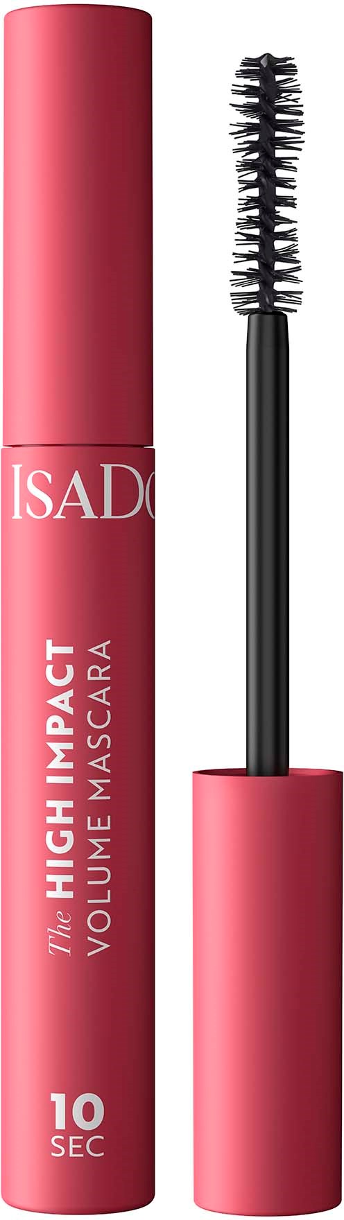 Roze mascara tube met kwast, gelabeld 'High Impact Volume Mascara, 10 sec'.