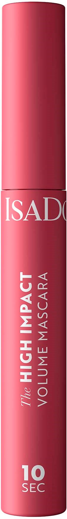 Roze mascara tube met witte en zilveren tekst, gelabeld "The High Impact Volume Mascara 10 Sec".