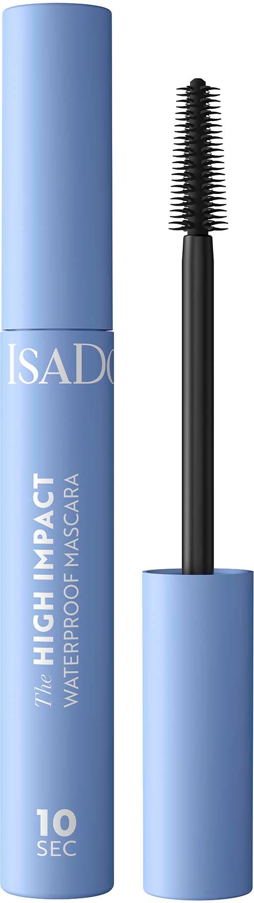 Blauwe mascara tube met een kwast. Tekst zegt 'ISAD' en 'High Impact Waterproof Mascara'.
