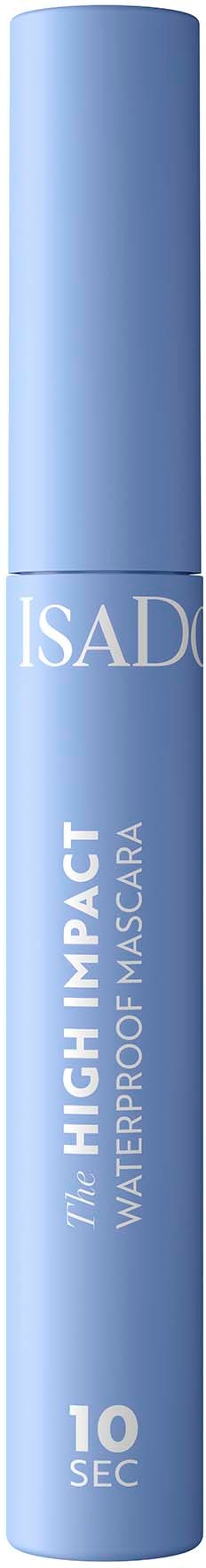 Blauwe tubeverpakking met waterproof mascara met witte tekst, gemarkeerd ISAD, beschrijft hoge impact en 10 seconden effect.