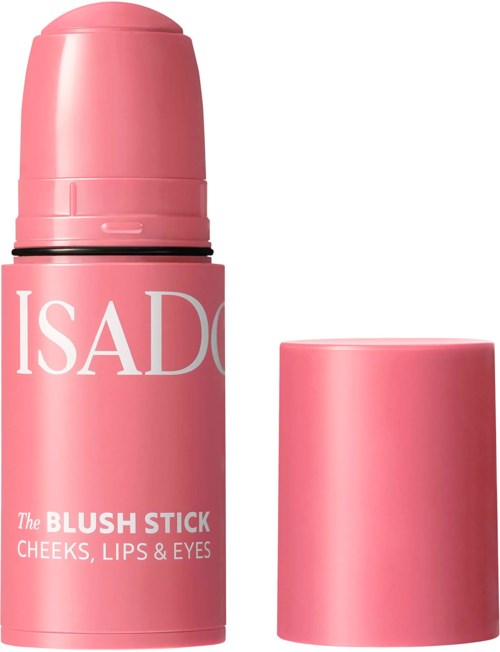 Ein rosa ideenhaftes Kosmetikprodukt mit Deckel, gekennzeichnet Isad, für Wangen, Lippen und Augen.