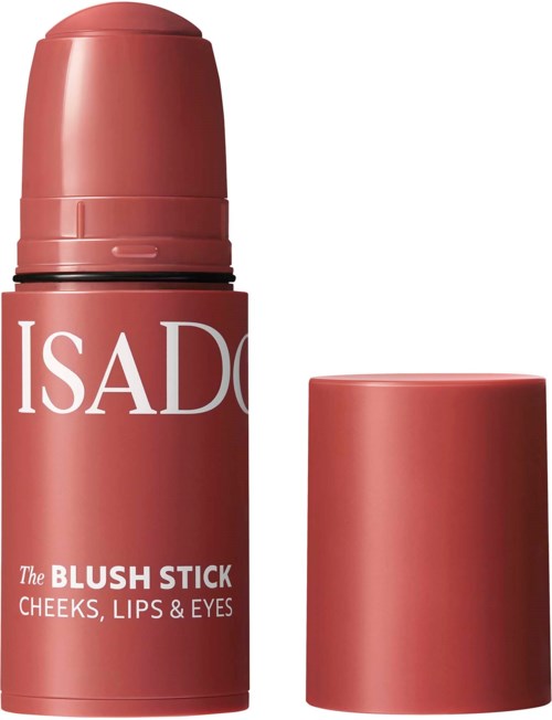 Ein rosa Make-up-Stick mit der Bezeichnung ISAD. Er ist für Wangen, Lippen und Augen. Der Deckel ist abgenommen, zeigt das Produkt.