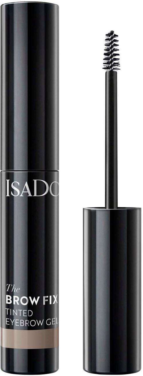 En svart tub med IsADo ögonbrynsgel med en borstapplikator utanför, märkt 'The BROW FIX TINTED EYEBROW GEL.'