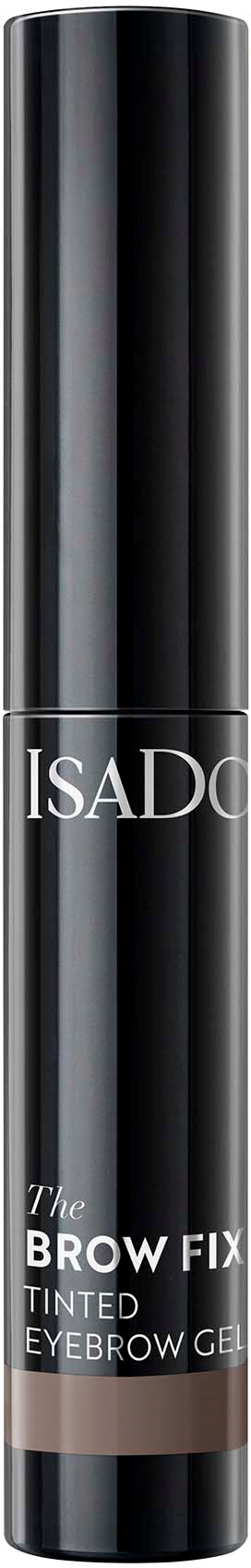 En svart och silver tub med orden 'IsaD' och 'The Brow Fix Tinted Eyebrow Gel' på.