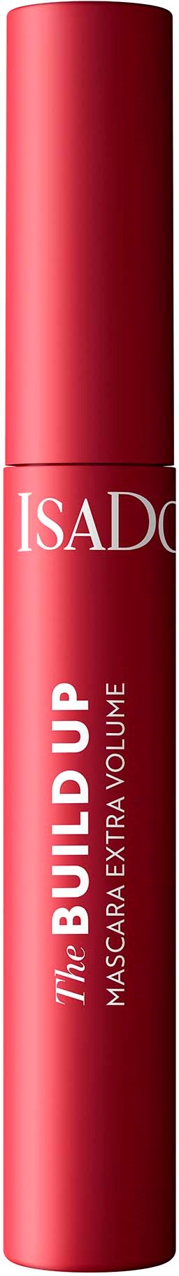 Rood mascara-buis met witte tekst "The Build Up" en "Mascara Extra Volume."