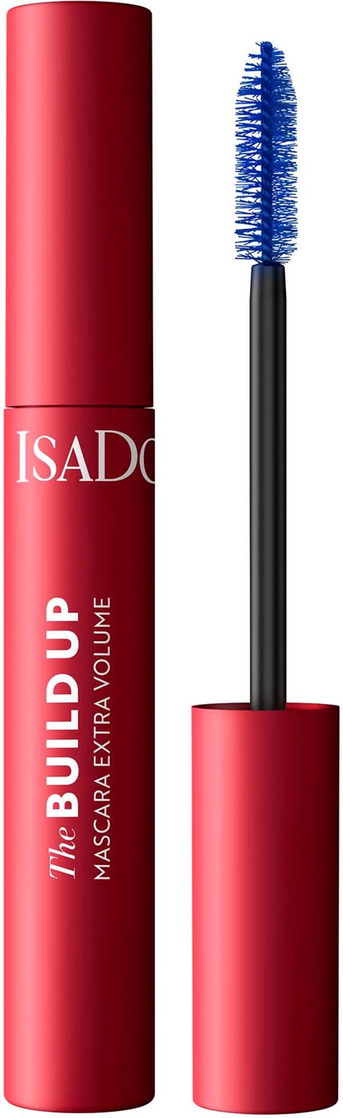 A red mascara tube labeled 'The Build Up' with a blue mascara wand next to it.