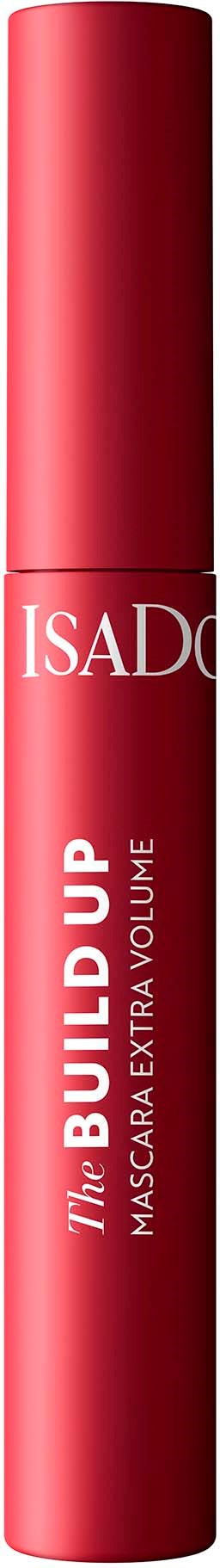 Red mascara tube labeled 'The Build Up' and 'Mascarra Extra Volume' by ISADIC with a matte finish.