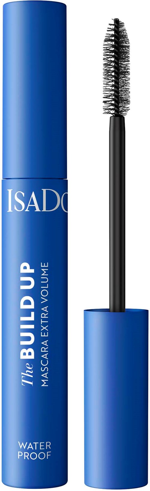 Blauer Mascara-Tube mit Wimpernbürste, beschriftet 'ISADORA Build Up Waterproof' für Volumen. Deckel und Bürste sichtbar.