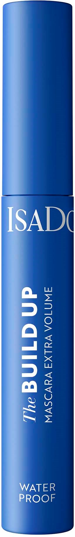 Ein blauer Mascara-Roller mit der Aufschrift 'Build Up' und 'Waterproof'.