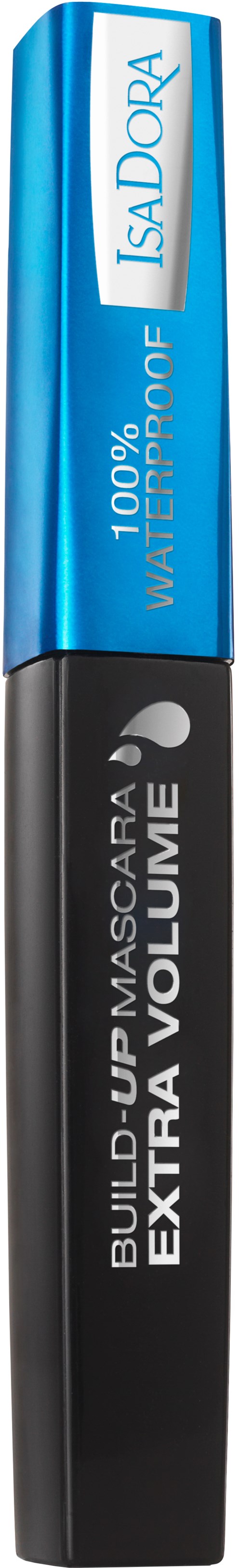 Een mascara-buis met een blauwe cap en zwart lichaam, gemarkeerd "Build Up & Extend Extra Volume".