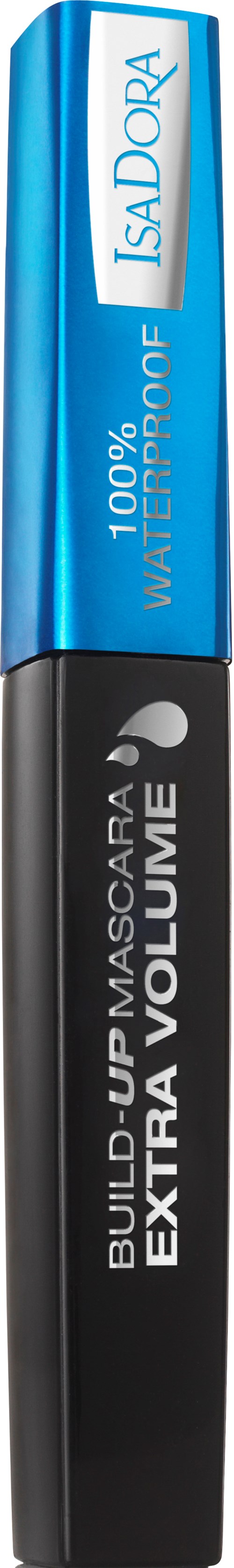 En mascara-rör märkt "Extra Volume" och "Isadora" med blå och svart design.