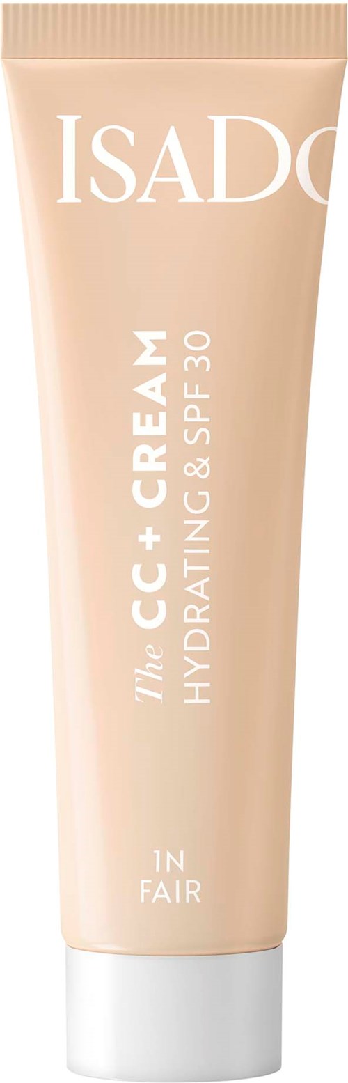 Eine beige Tube mit ISADORE CC+ Cream mit hydratisierend und SPF 30.