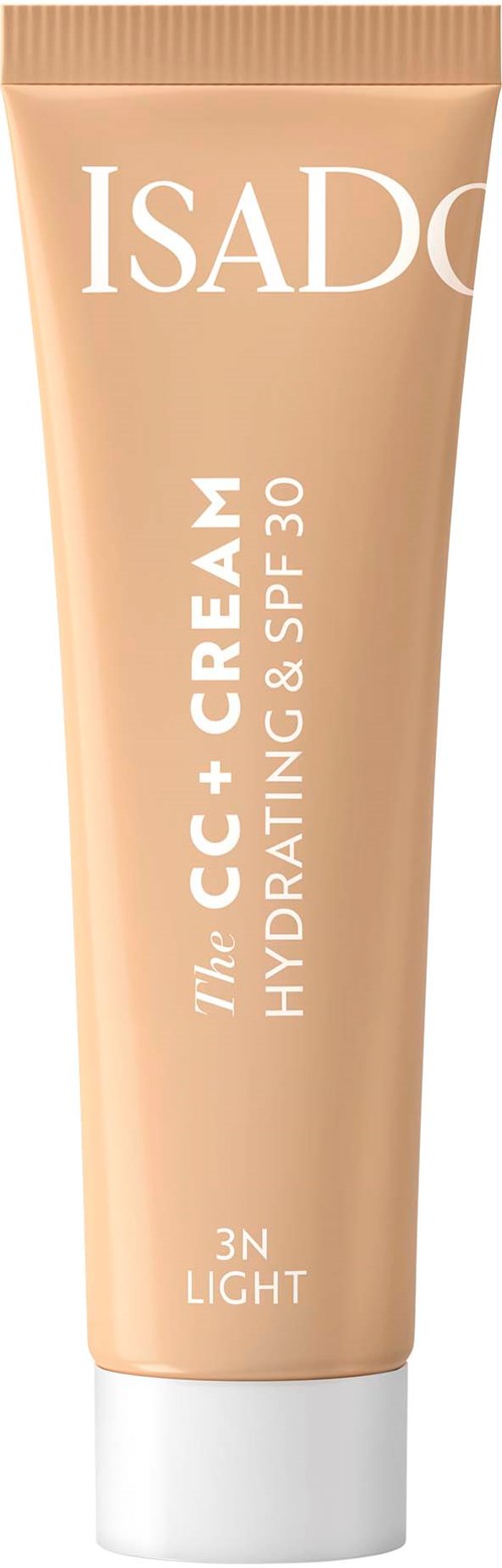 Beige Tube von ISADQ Hautpflege mit weißen Text, zeigt es ist eine feuchtigkeitsspendende Creme mit SPF 30 und leichter Nuance.