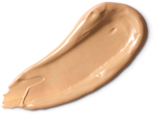 Cremige beigefarbene Make-up-Spur auf einer Oberfläche mit schwarz-weihem Hintergrund.