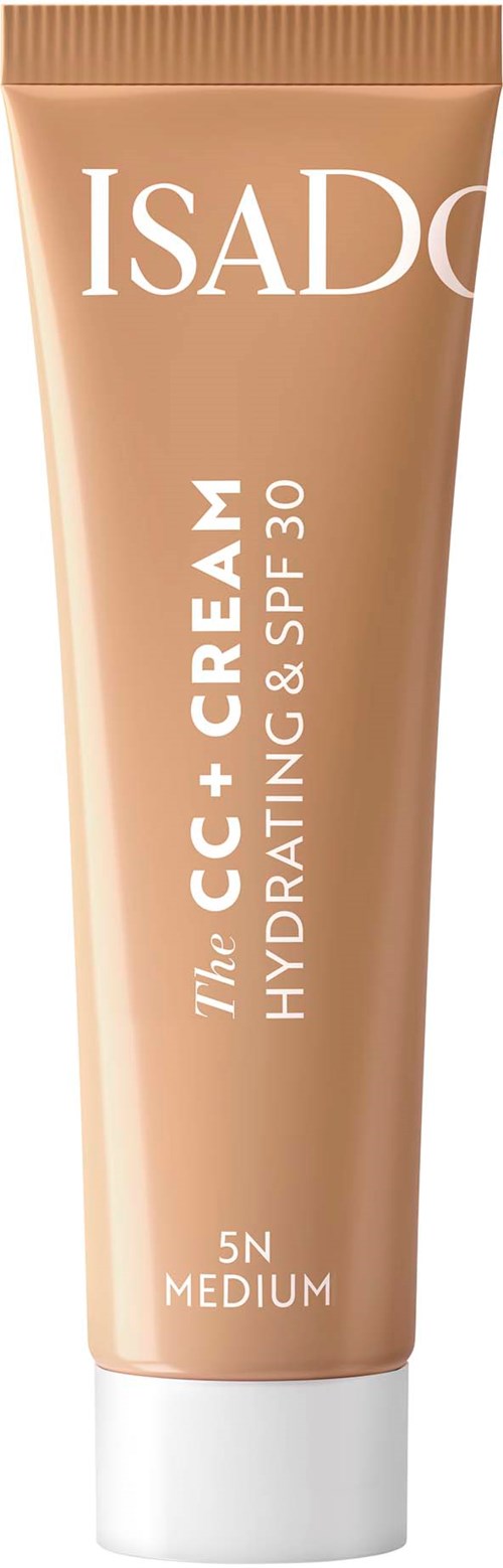 Een beige tube met ISADORE CC+ Cream die hydrateert en SPF 30 heeft, gemarkeerd als medium dekking.