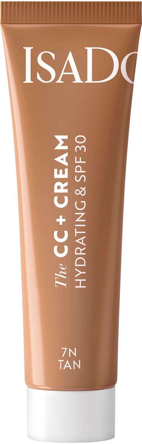 Braune Tube von Isadore CC+ Creme mit SPF 30, feuchtigkeitsspendend, für gebräunte Haut geeignet.