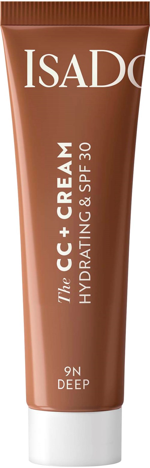 Ein brauner Tuben von ISADORE CC+ Cream Hydrating SPF 30, gekennzeichnet als 9N Deep, steht aufrecht.