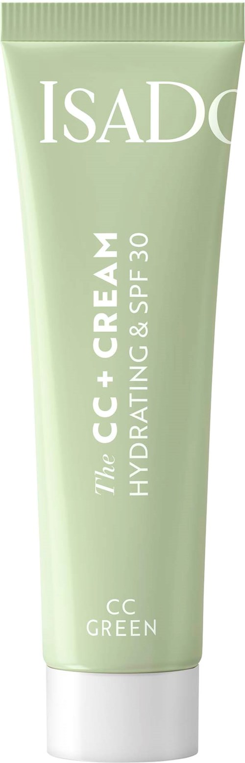 Grön tub med ISADo återfuktande kräm med SPF 30, märkt som CC + Cream och CC Green.