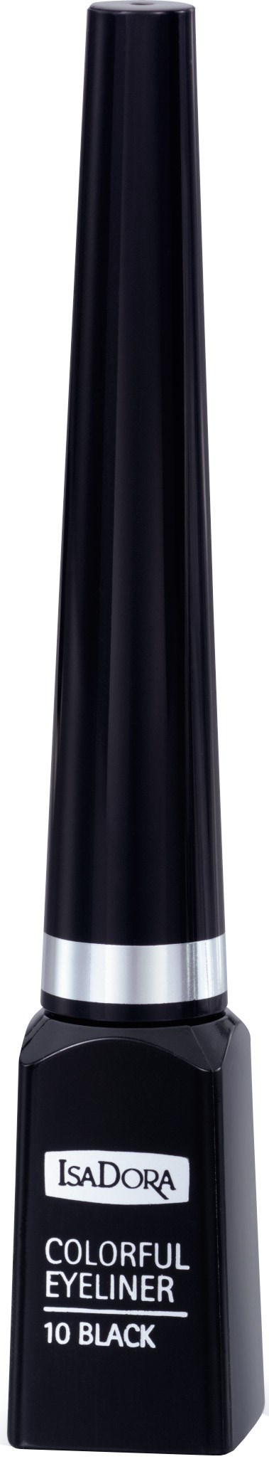 Musta nestemäinen eyeliner, jossa kapea kärkiharja, etiketti "IsaDora Colorful Eyeliner 10 Black."