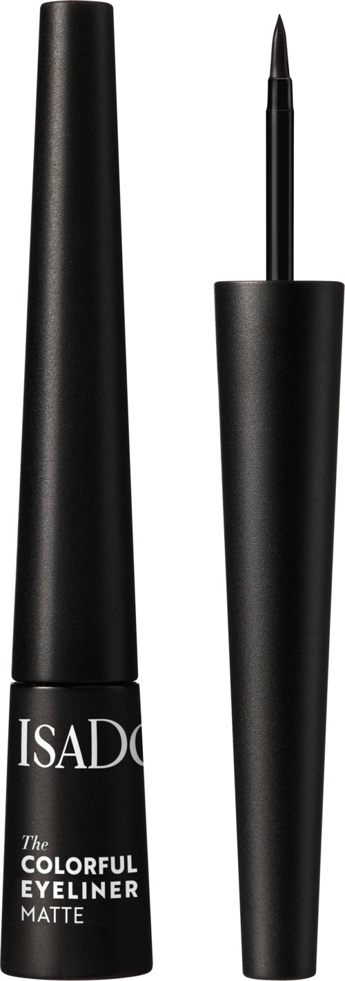 Eine schwarze flüssige Eyeliner-Röhre mit langem Deckel und feiner Pinselspitze. Das Etikett liest: ISADORE The Colorful Eyeliner Matte.