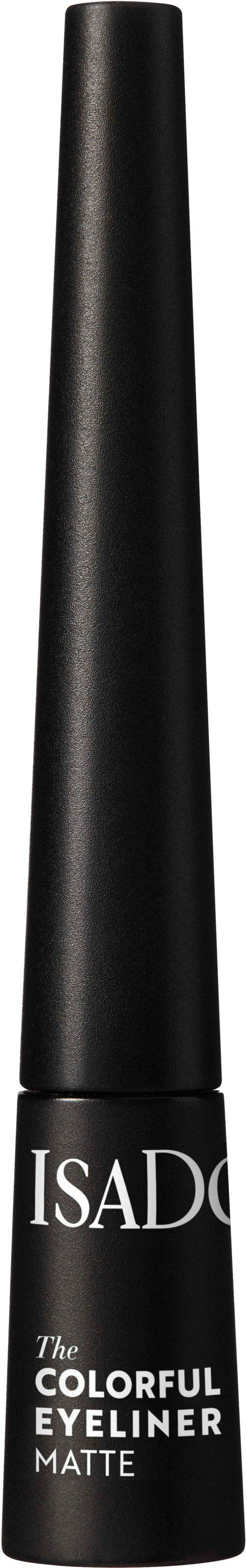 Ein schwarzer Wimperntusche-Tubus mit weißen Text, der "ISAD" und "COLORFUL EYELINER MATTE" sagt.