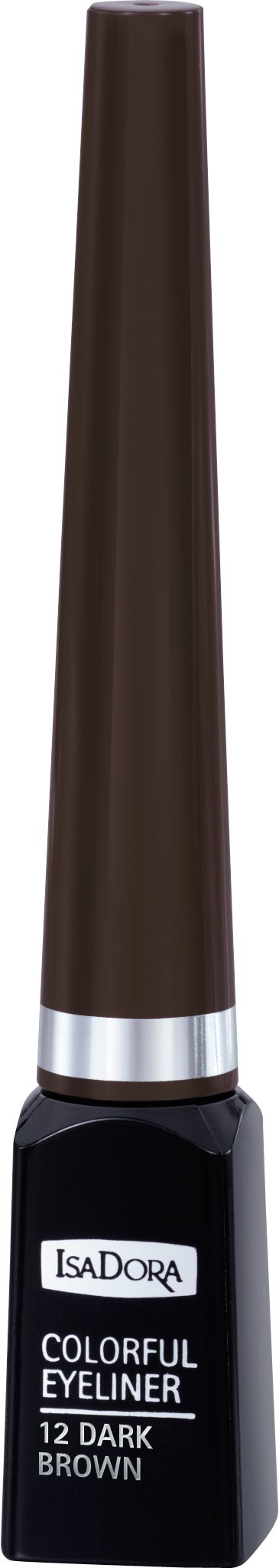 En brun eyeliner-penna med en spetsig topp och en etikett som säger: IsaDora, Colorful Eyeliner, 12 Mörkbrun.