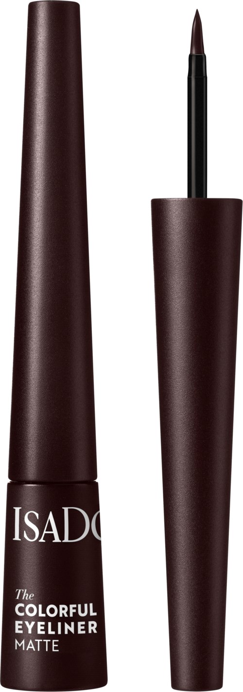 A brown mascara tube with the cap removed, revealing a thin brush applicator inside.