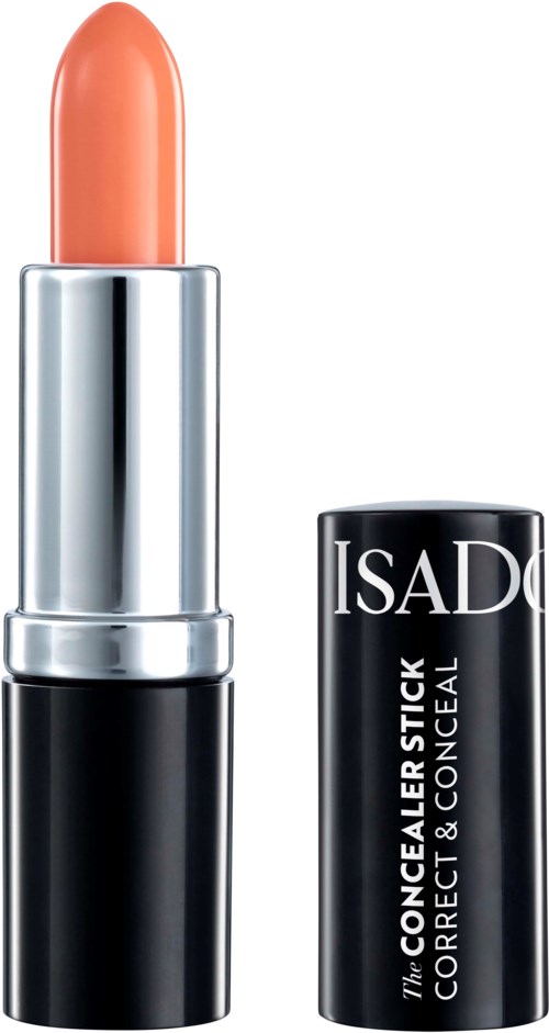 En korallfärgad läppstift med silver- och svart förpackning, etiketten säger 'The Color Correct Concealer & Conceal' och 'ISAD'.