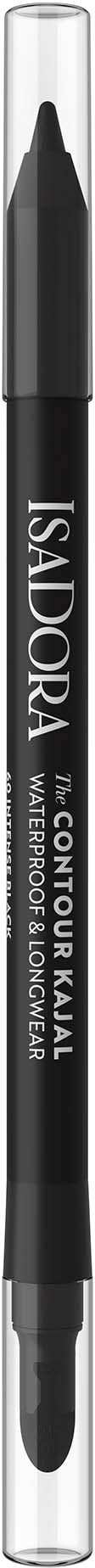 Een zwarte waterproof eyeliner potlood met witte tekst en doorzichtige dop.