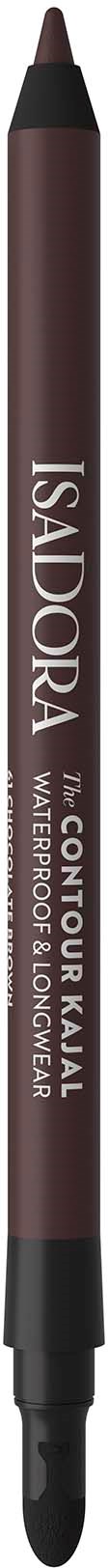 A brown eyeliner pencil with white text, labeled IsaDora, Contour Kajal, Waterproof, Longwear.