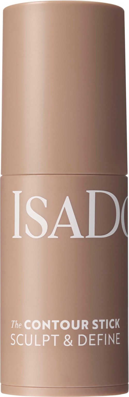 Ein beiger zylindrischer Behälter mit weißem Text für Isador Contour Stick,