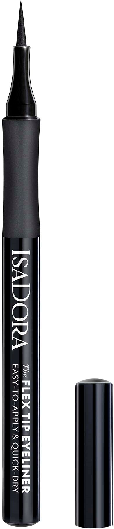 Ein schwarzer flüssiger Eyeliner-Stift mit scharfer Spitze und Deckel, beschriftet 'Isadora', für Make-up.