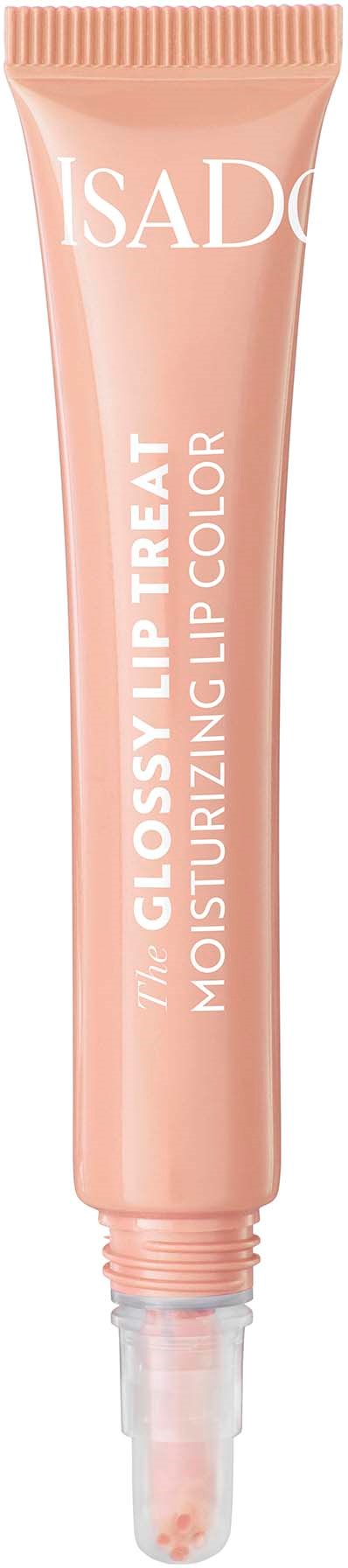 En rosa lipglanstub märkt "ISAD" och "GLOSSY LIP TREAT". Det är en fuktgivande läppfärg.