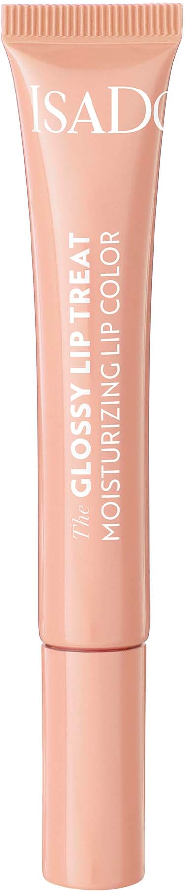 En rosa tub med IsaD-märke, märkt 'Glossy Lip Treat' och 'Moisturizing Lip Color.'