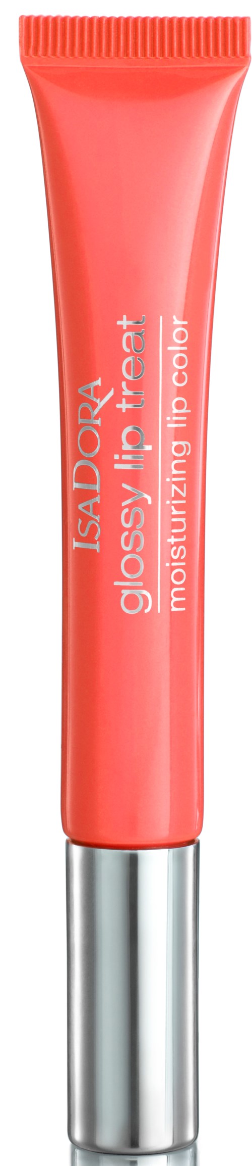 En korallfärgad tub märkt 'ISADORA Glossify Lipstick Moisturizing Lip Color' med ett silverlock.
