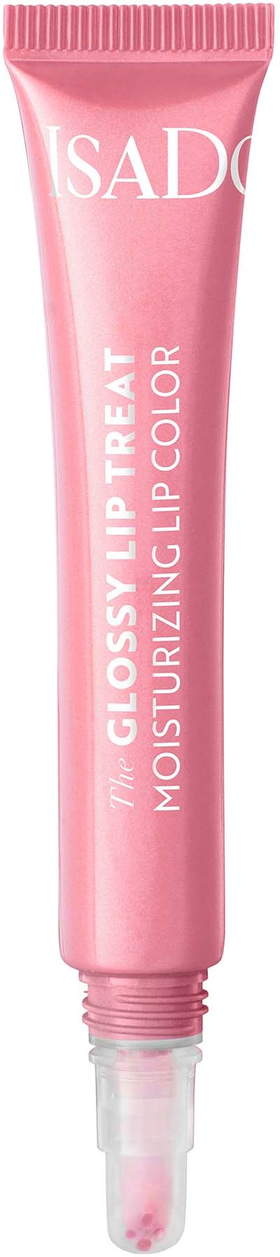 Rosa tub med fuktgivande läppfärg, märkt 'ISAD' och 'Glossy Lip Treat'.