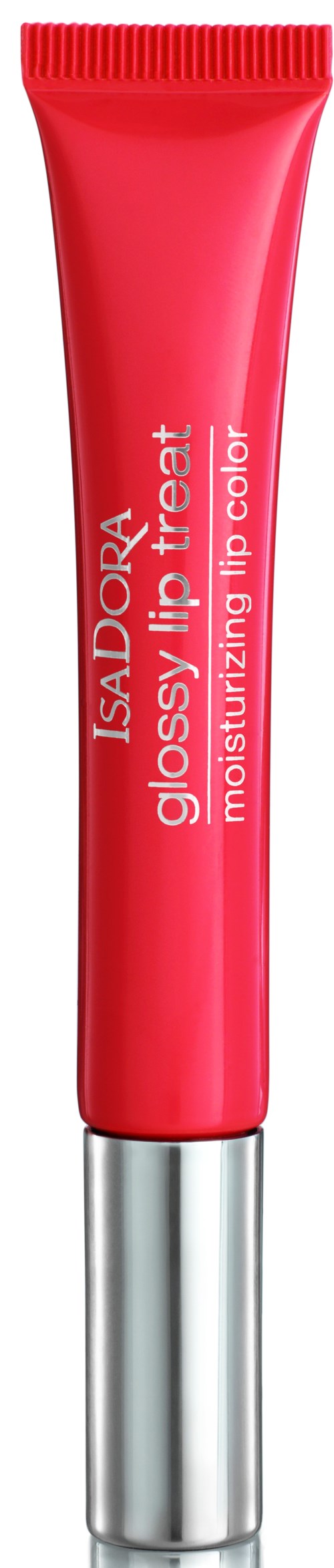 Röd tub med Isadora Glossy Hyaluron läppfärg med silverlock. Varumärke och produktenamn synliga. Avsedd för att återfukta läpparna.