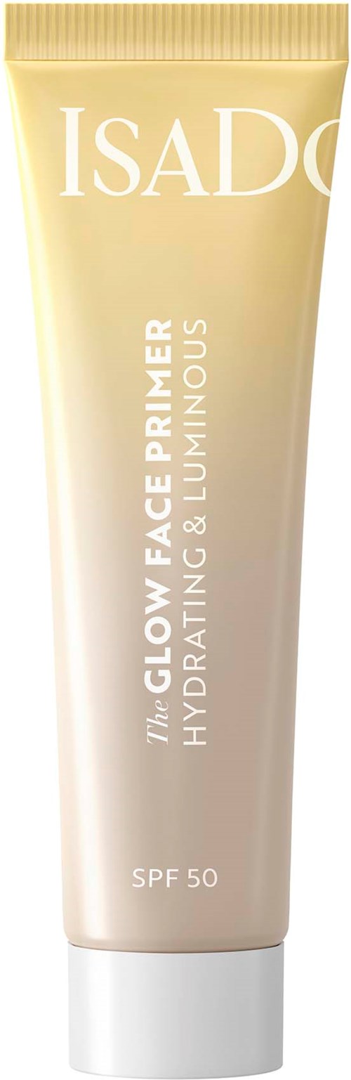 Beige Tube mit Isadore Glow Face Primer SPF 50, fördert Feuchtigkeit und Leuchtkraft.