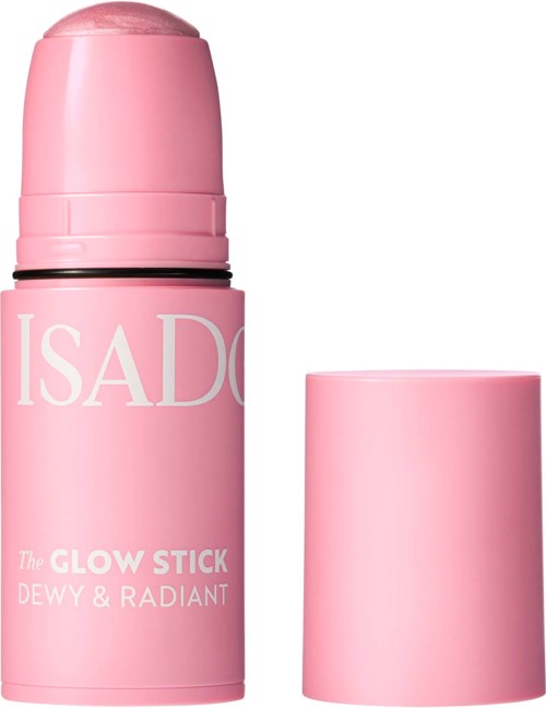 Roze deodorantstaaf met witte tekst en losse roze dop.