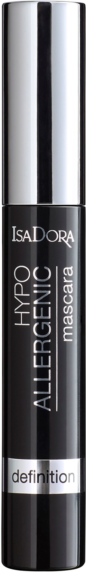 Musta ripsivärituubi hopeasulpukalla, nimeltä "IsaDora Hypoallergenic Mascara" ja "Allergo Definity."