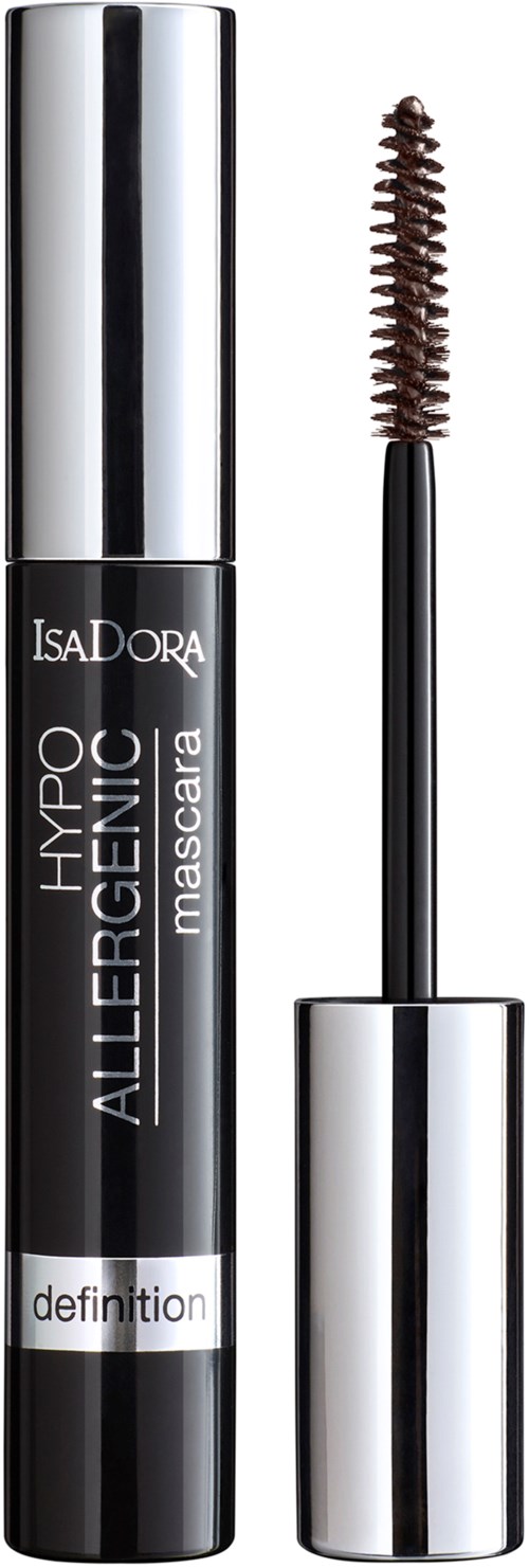 En mascara i svart och silver, märkt 'IsaDORA' och 'HYPOALLERGENIC' med borste bredvid.