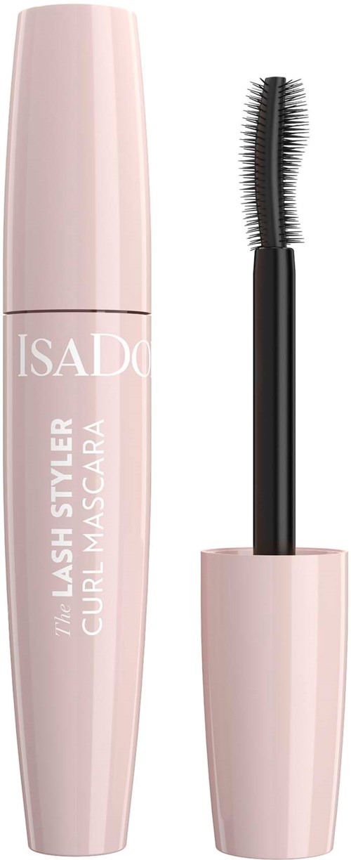  Vaaleanpunainen ripsiväritölkki mustalla curvella harjalla, lukee IsaDora Lash Styler Curl Mascara.