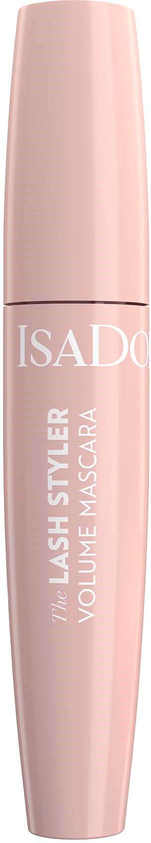 Ett rosa mascara-rör med märket 'ISADORA' och produktdetaljer för fransformning och volym.