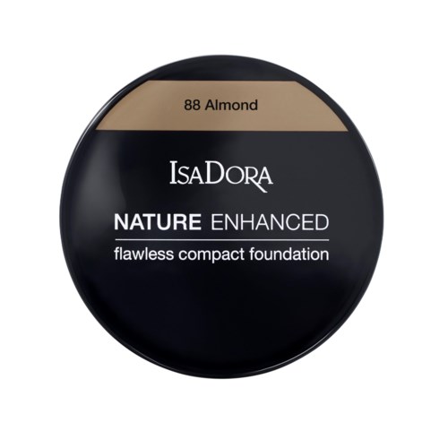 Komplett svart rund behållare med beige topp, märkt IsaDora foundation, nyans 88 Almond, för perfekt makeup.