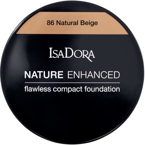 En rund makeupdosa i svart och beige. Den visar märket IsaDora och produktdetaljer för foundation.