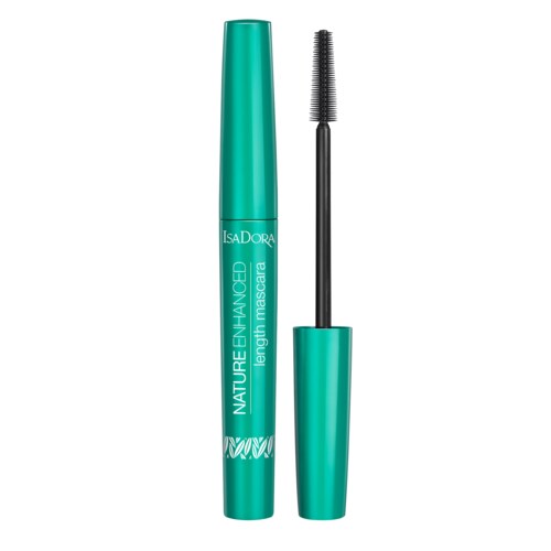 En turkis mascara-rør med en svart børste, merket 'NATURAL ENHANCED' og 'IsaDora'.